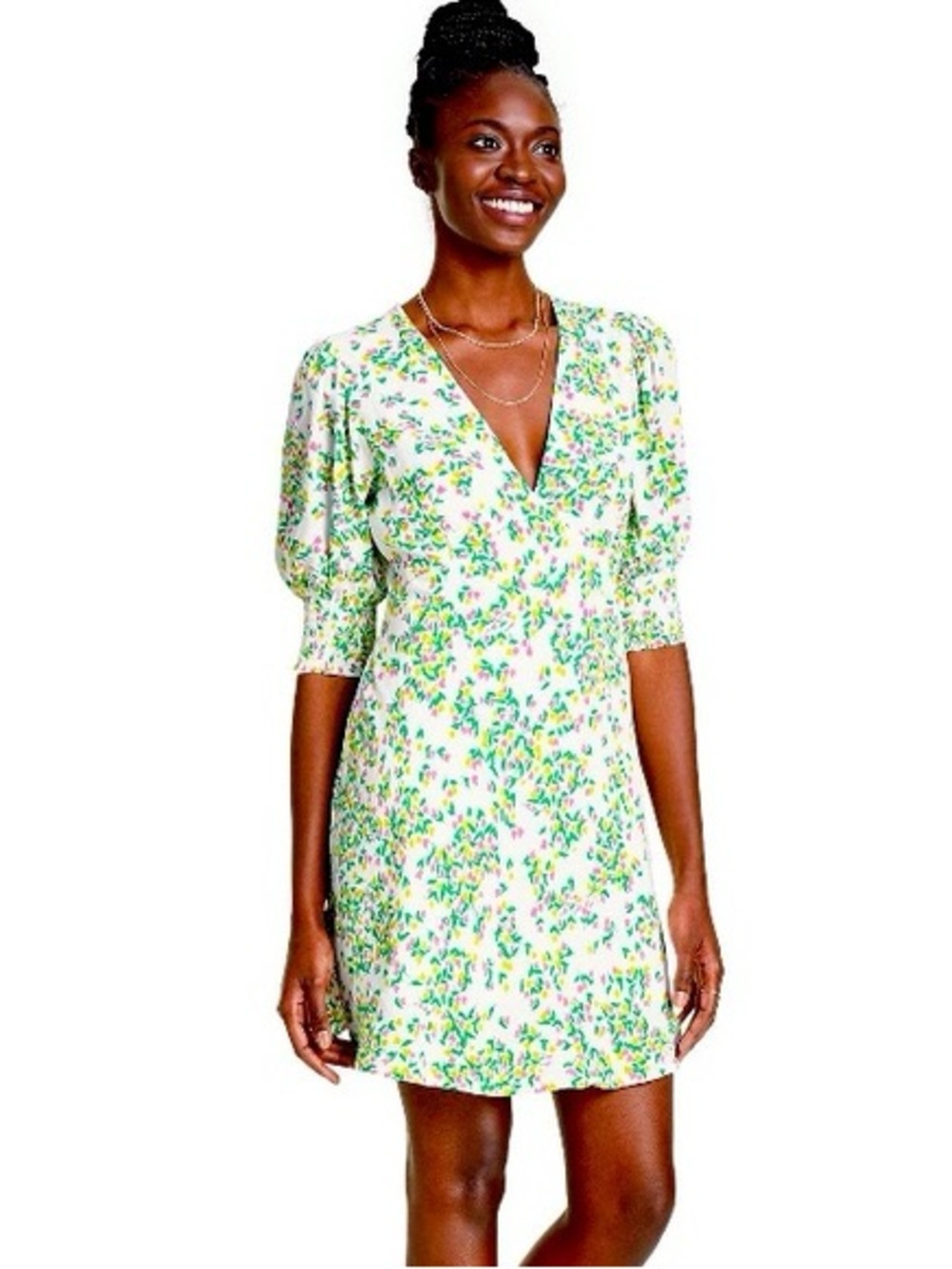 RIXO Cream Mini Dress with Green and Pink Floral Print